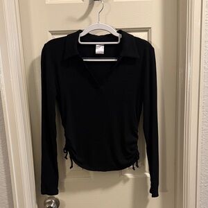 Black Ribbed Long Sleeve V Neck w Scrunch Tie Sides
